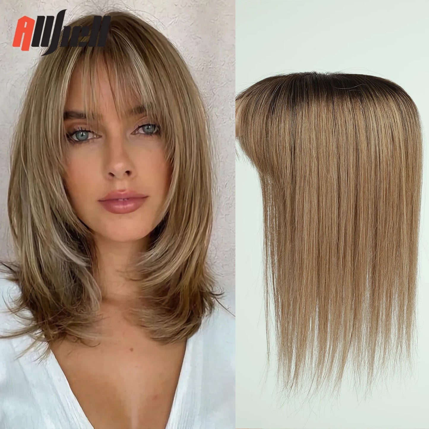 Brown Blonde Ombre Human Hair Toppers for Women – 10/12/14 Inches with Silk Base, Clips, and Bangs