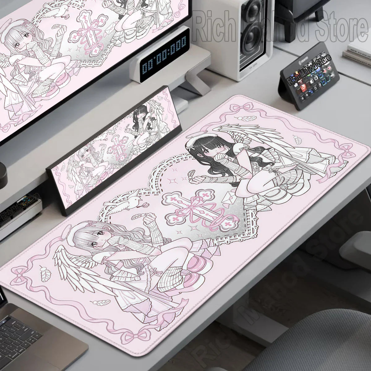 Anime Cute Angel Girl XXL Mouse Pad — Extended Gaming Desk Mat for Laptop, PC, Keyboard, Kawaii Pink Mousepad Carpet