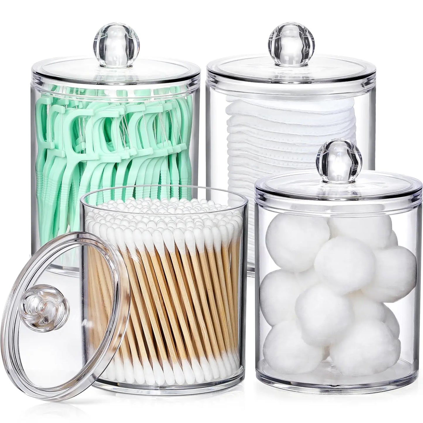 4-Pack Acrylic Q-tip Holder Dispenser – Clear Vanity Organizer for Cotton Swabs, Balls, Pads, and Floss Picks