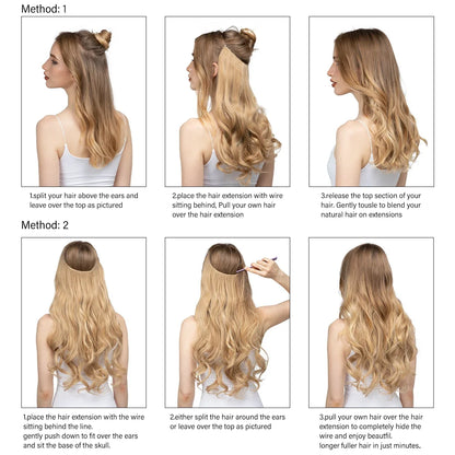 Synthetic Ombre Hair Extension - One Piece Invisible Wire Long Wavy Clipless False Hairpiece Black Blonde Pink