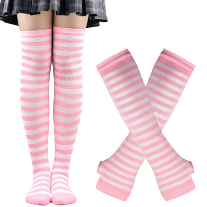 Women & Girls Over Knee Long Stripe Printed Thigh High Cotton Socks – Cute Plus Size Arm Sleeve Gloves & Overknee Socks