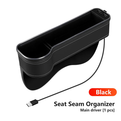 Car Crevice Storage Box with 2 USB Charger – LED Seat Gap Organizer, Phone, Bottle, and Cup Holder