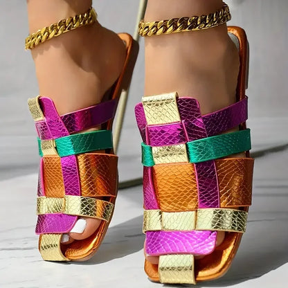 Colorful Square Toe Roman Flat Sandals - Women’s Summer Hollow Vacation Slippers