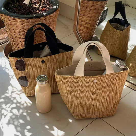 Women’s Bohemian Beach Straw Bag – Handmade Woven Rattan Bucket Shoulder & Crossbody Handbag