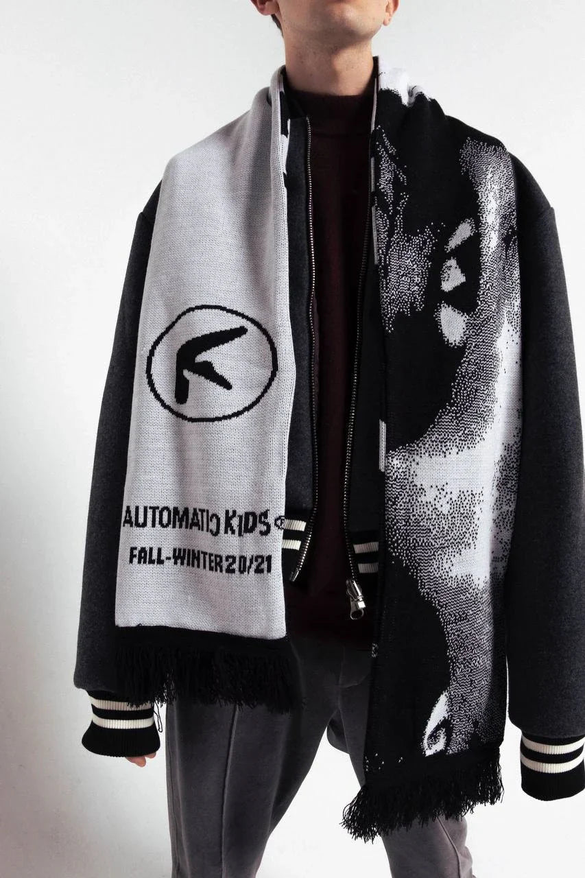 Men’s Y2K Black Knitted Scarf — Aphex Twin Goth Harajuku Streetwear Winter Shawl Unisex