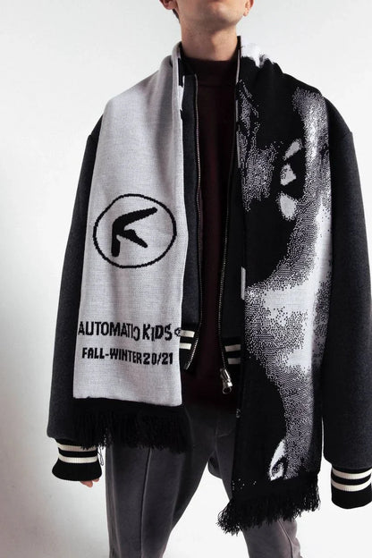 Men’s Y2K Black Knitted Scarf — Aphex Twin Goth Harajuku Streetwear Winter Shawl Unisex
