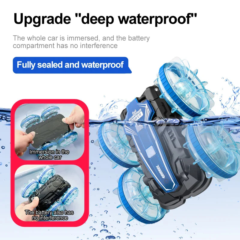 New LED Amphibious RC Car – Dual Remote Control, Waterproof Stunt Car with 360° Rotation, Double-Side Flip, Drift Drive, Kids Toy