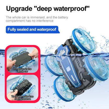 New LED Amphibious RC Car – Dual Remote Control, Waterproof Stunt Car with 360° Rotation, Double-Side Flip, Drift Drive, Kids Toy