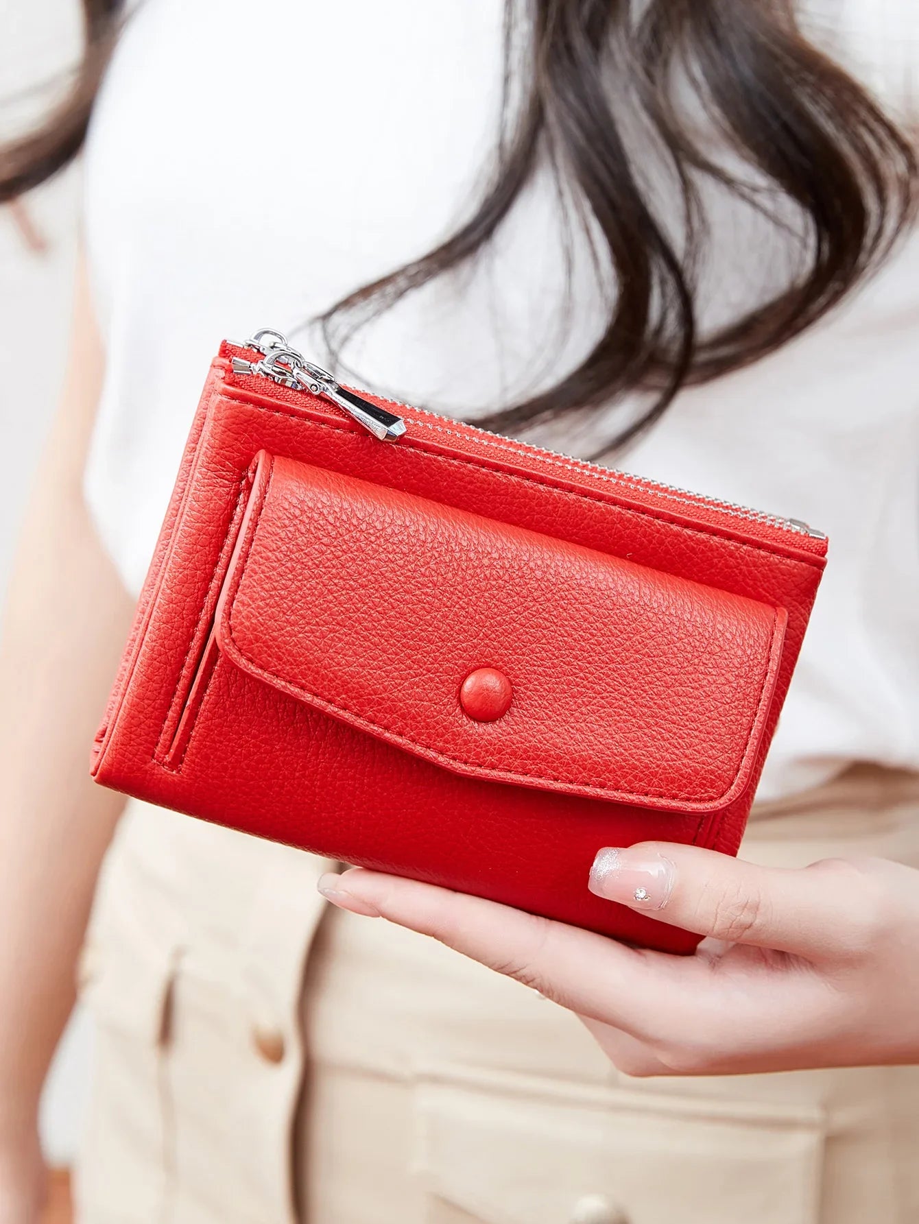 Women’s PU Leather Short Double Zipper Wallet – Simple Solid Color, Large Capacity Credit Card Holder with Coin Pocket