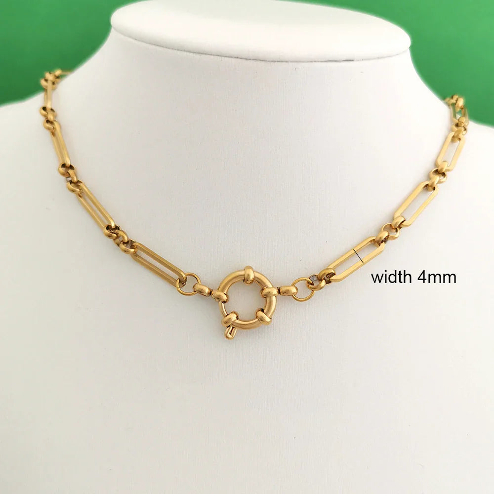 Spring Sailor Clasp Necklace – Stainless Steel Paperclip Link Chain Choker for Women & Men, Geometric PVD Gold Jewelry