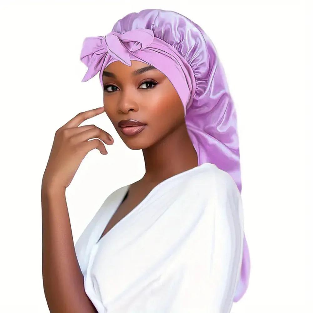 Bowknot Braid Bonnet - Unscented Satin Sleep Cap with Elastic Band and Long Tie, Breathable Night Hair Bonnet for Women