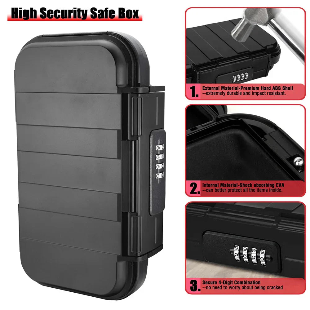 Portable Travel Safe Box – Large Capacity Security Lockbox with Code & Key, Waterproof, Removable Cable Handle