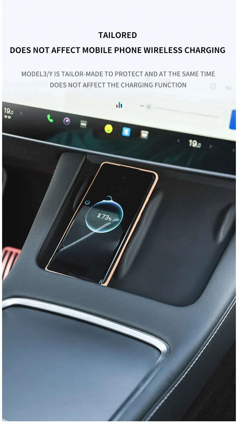 Tesla Model 3/Y Wireless Charging Pad – Silicone Carbon Fiber Central Control Charger Protector, Non-Slip Mat Accessory
