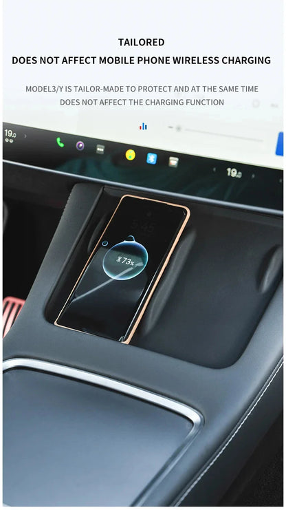 Tesla Model 3/Y Wireless Charging Pad – Silicone Carbon Fiber Central Control Charger Protector, Non-Slip Mat Accessory