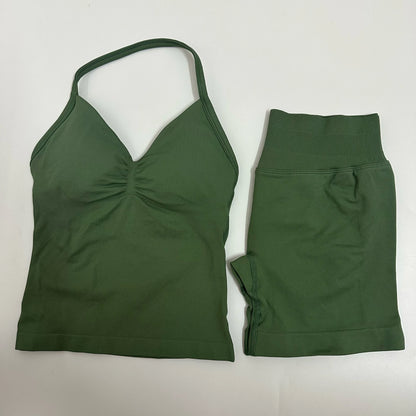 2-Piece Women’s Yoga Set – Seamless Longline Strappy Tank Top & Scrunch Sports Shorts, Summer Workout Gym Outfit
