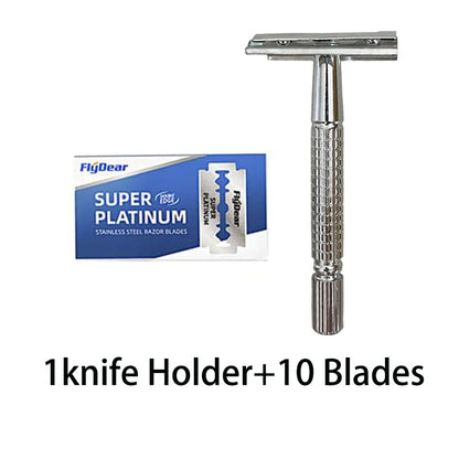 Double Edge Beard Shaver Set – Men's Classic Stainless Steel Razor with Trimmer Blades and Storage Box