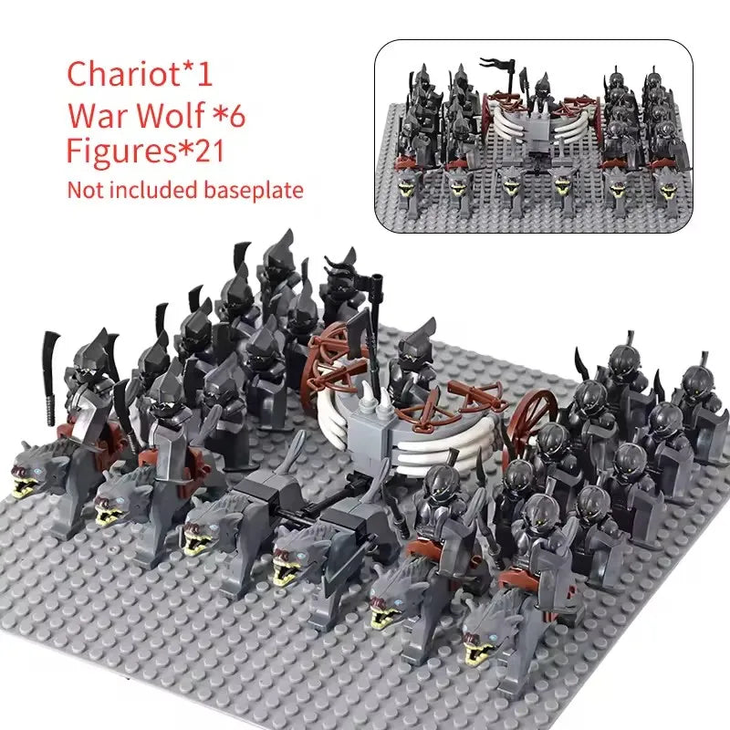 MOC Medieval LOTR Figures — Black Wolves & Mounted Chariots Action Dolls, Assembled Brick Building Blocks Toy