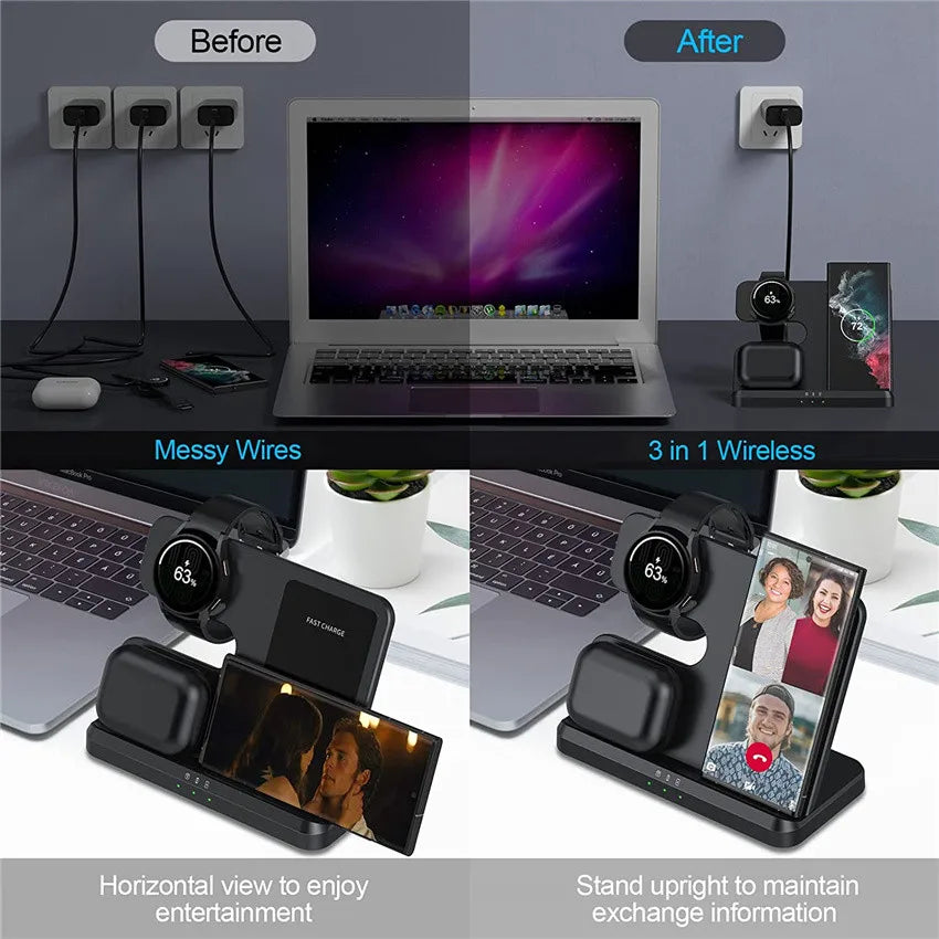 15W 3 in 1 Wireless Charger Stand - Fast Charging Dock for Samsung Z Fold 3, S21, S20, Galaxy Watch 5/4/3, Active 2, Buds