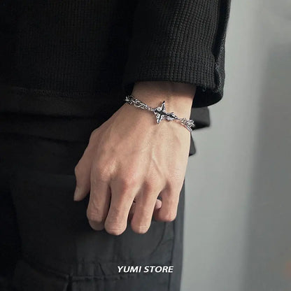 Retro Flame Cross Bracelet - Unisex Hip Hop Titanium Steel Splice Chain Charm, Kpop Luxury Jewelry for Men & Women