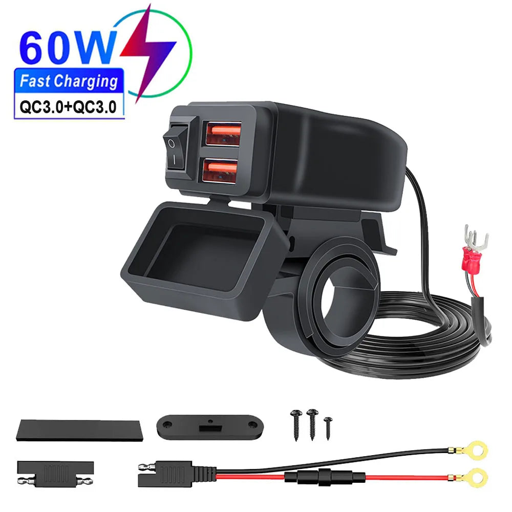 60W PD QC3.0 Motorcycle USB Fast Charger - Dual USB Handlebar Socket With Switch Voltmeter Waterproof 12V Power Adapter