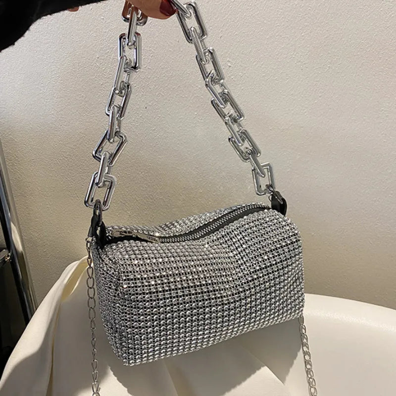 Allover Rhinestone Bucket Bag – Glitter Chain Prom Purse, Women's Mini Crossbody Bag (6.3 x 3.54 Inches)