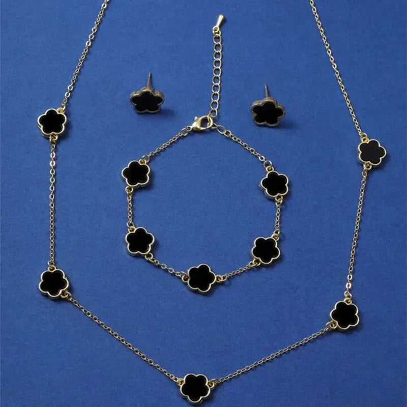 Lucky Five-Petal Flower & Clover Bracelet, Earrings, Necklace Set – Stylish Women's Party Jewelry Accessories
