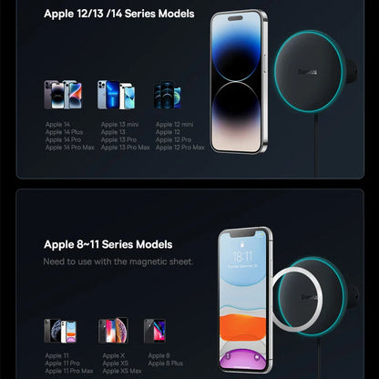Baseus 15W Magnetic Wireless Car Charger – Fast Charging Phone Holder with Light Effect for iPhone 15/14/13 Pro Max