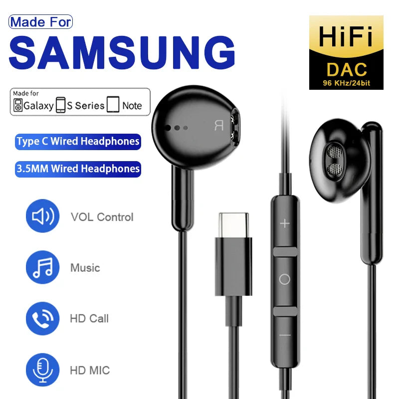 Type-C Wired Headphones for Samsung Galaxy – USB-C In-Ear Earphones HiFi Bass Stereo for S24, S23, S22, A53, A52, Note 20