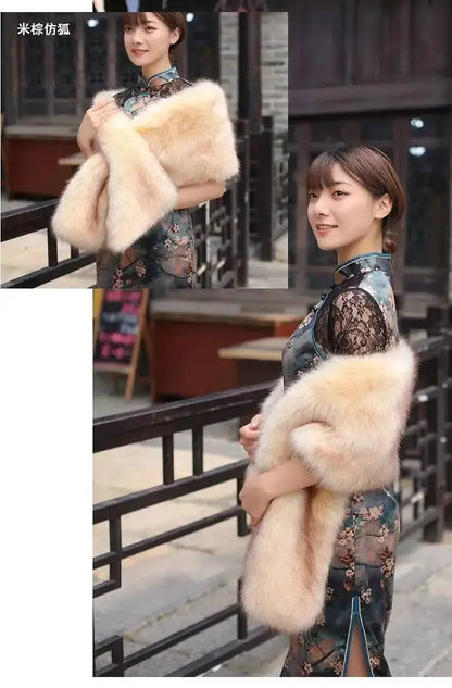 32-Color Luxury Faux Fox Fur Shawl – Women’s Plush Winter Scarf, Wrap & Cape for Wedding & Coat