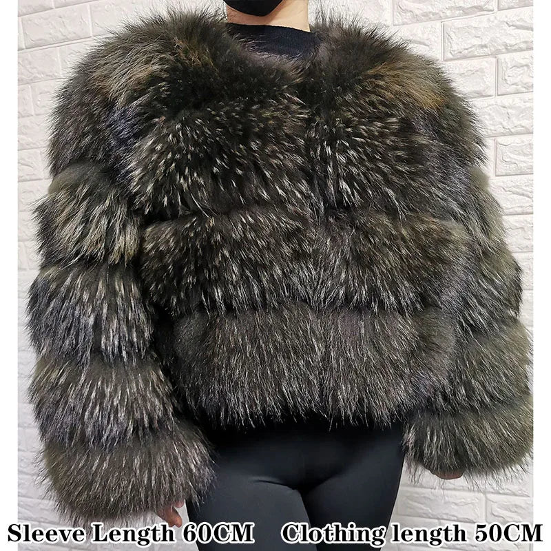 2025 Maomaokong Women’s Real Fur Coat – Natural Raccoon & Fox Fur Jacket with Hood, Warm Winter Outerwear