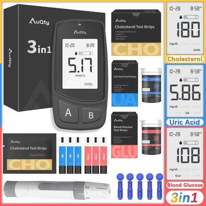 3-in-1 Multifunction Cholesterol, Uric Acid, and Blood Glucose Meter – Diabetes, Gout, and Blood Sugar Monitor with Test Strips
