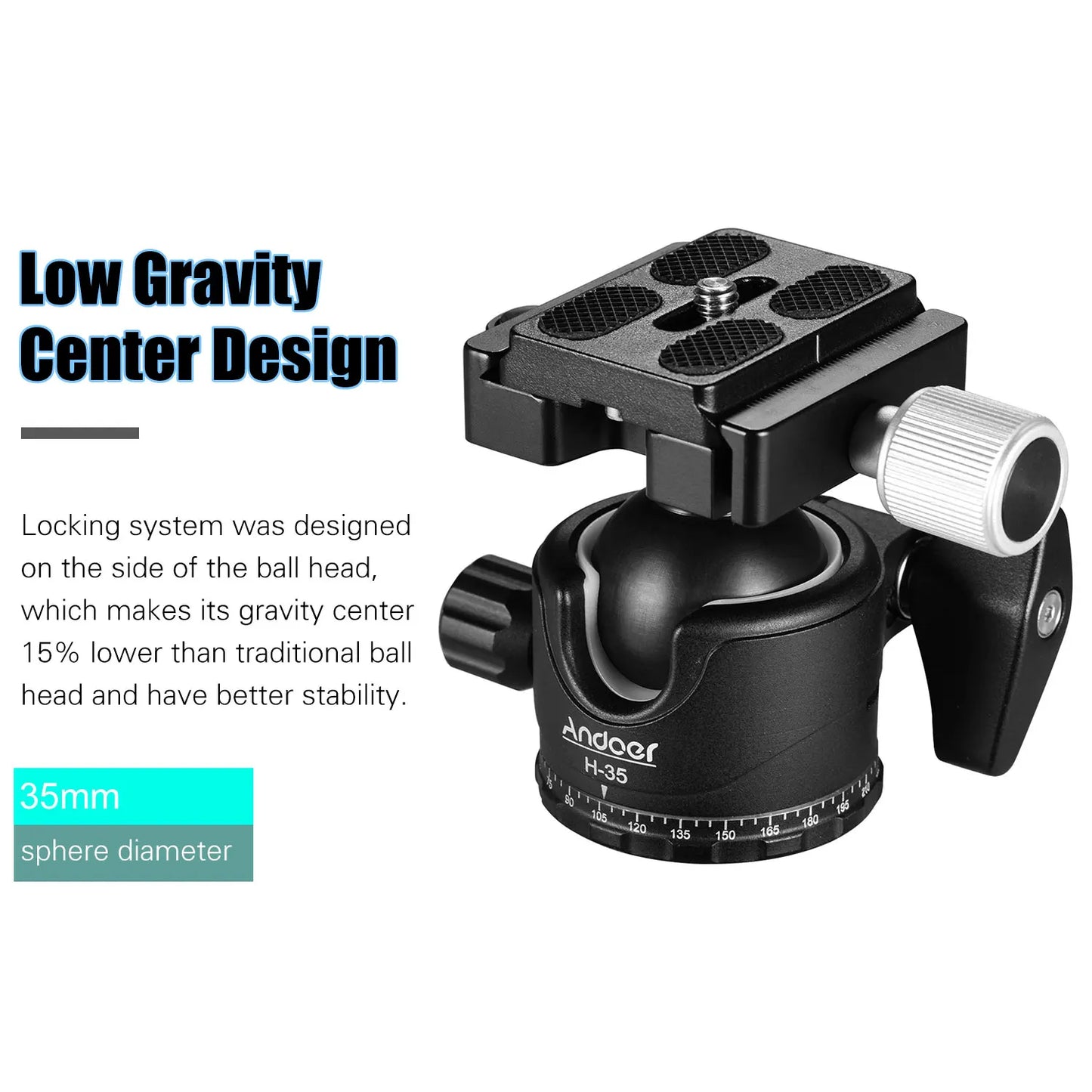 Andoer H-35 Tripod Ball Head - Panorama Ballhead Mount Adapter, U-Groove Low Gravity Design, 15kg/33lbs Load Capacity