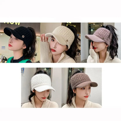 Women's Knitted Ponytail Hat – Warm Winter Rabbit Fur Baseball Cap for Outdoor Sports & Golf