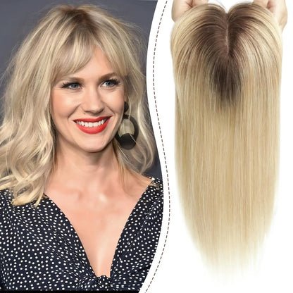 Straight Ombre Brown Remy Human Hair Topper – 100% Silk Base Clip-in Wig with Bangs, Hair Extension for Women