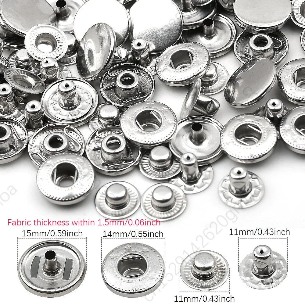 10mm, 12.5mm & 15mm Stainless Steel Snap Fasteners – Sewing Buttons for Clothing, Jackets & Leather Crafts