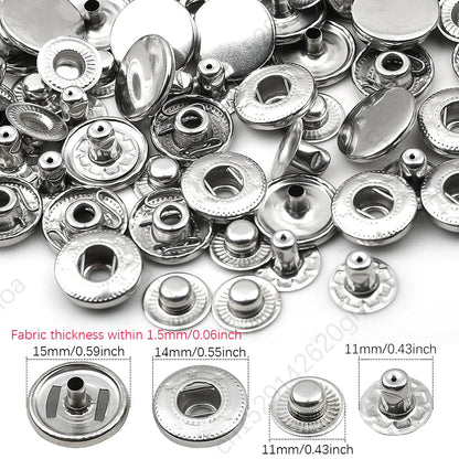 10mm, 12.5mm & 15mm Stainless Steel Snap Fasteners – Sewing Buttons for Clothing, Jackets & Leather Crafts