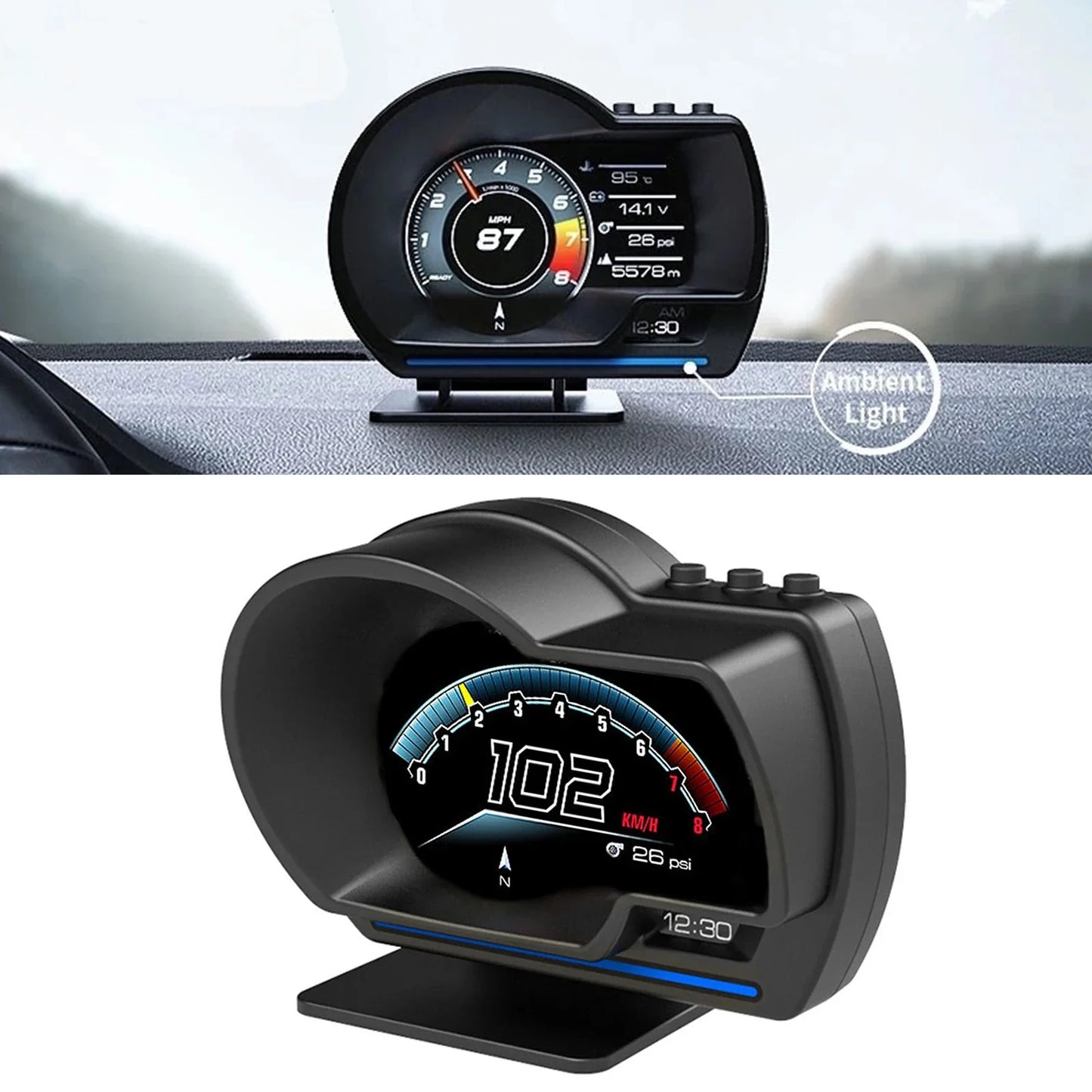 Smart Car HUD OBD2+GPS Gauge - Head-Up Display Speedometer with Turbo RPM Alarm for Cars and Trucks