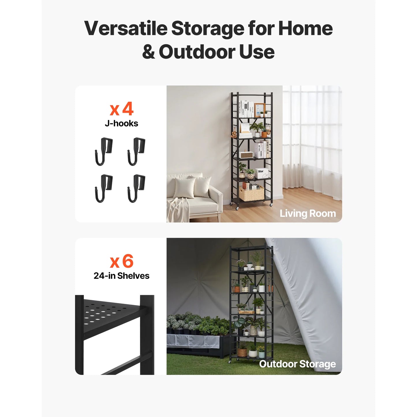 SucceBuy 3-6 Tier Black Foldable Storage Rack — Wheeled Metal Shelving Organizer for Garage & Kitchen