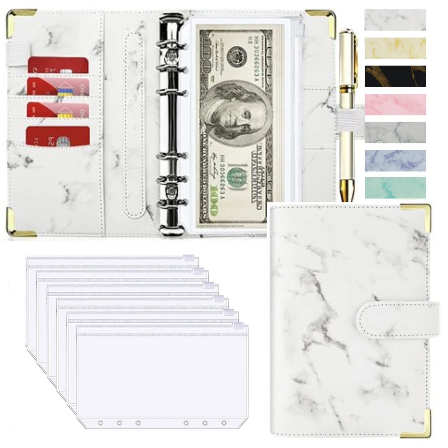 A6 Money Saving Organizer – PU Leather Budget Binder with Marble Notebook, 2023 Budget Planner, Envelope Office & School Supplies
