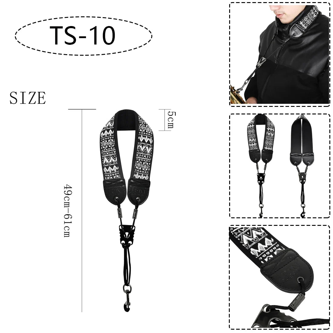 Saxophone Neck Strap - Adjustable Leather Universal Fit for Soprano, Alto, Tenor Sax with Secure Closed Hooks