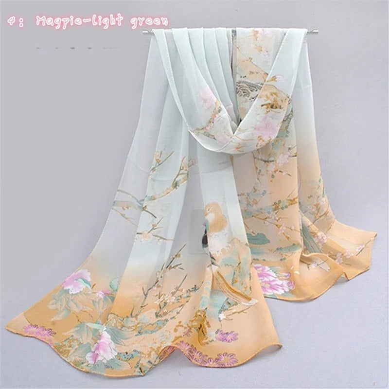 Women’s Chiffon Scarf – Long Butterflies & Branch Pattern Shawl, Elegant Versatile Retro Fashion Accessory