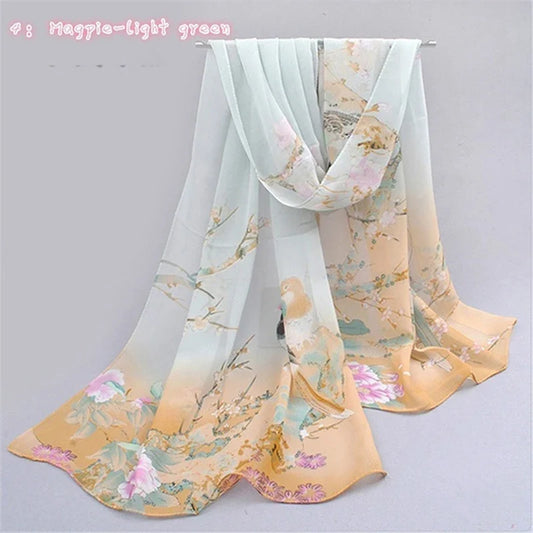 Women’s Chiffon Scarf – Long Butterflies & Branch Pattern Shawl, Elegant Versatile Retro Fashion Accessory