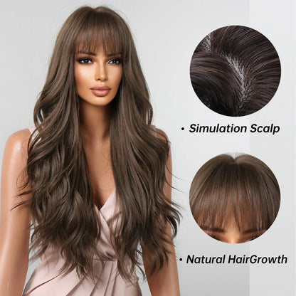 Brown Long Wavy Wig for Women with Bangs — Natural-Look Synthetic Hair, Heat-Resistant for Daily & Cosplay