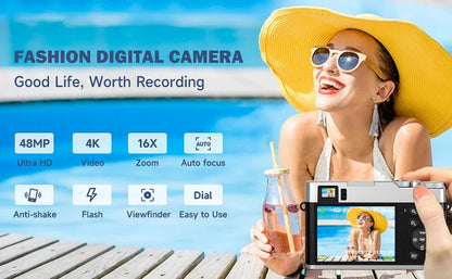 4K Digital Camera – Auto Focus, 48MP Vlogging Camera for YouTube, Anti-Shake Video, Viewfinder, Flash & 16X Zoom