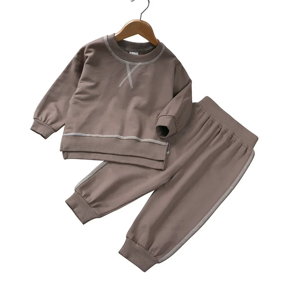 2PCS Kids Clothes Set for 1-7Y - Solid Cotton Pullover Sweatshirt & Pants, Long Sleeve Autumn Outfits for Boys & Girls