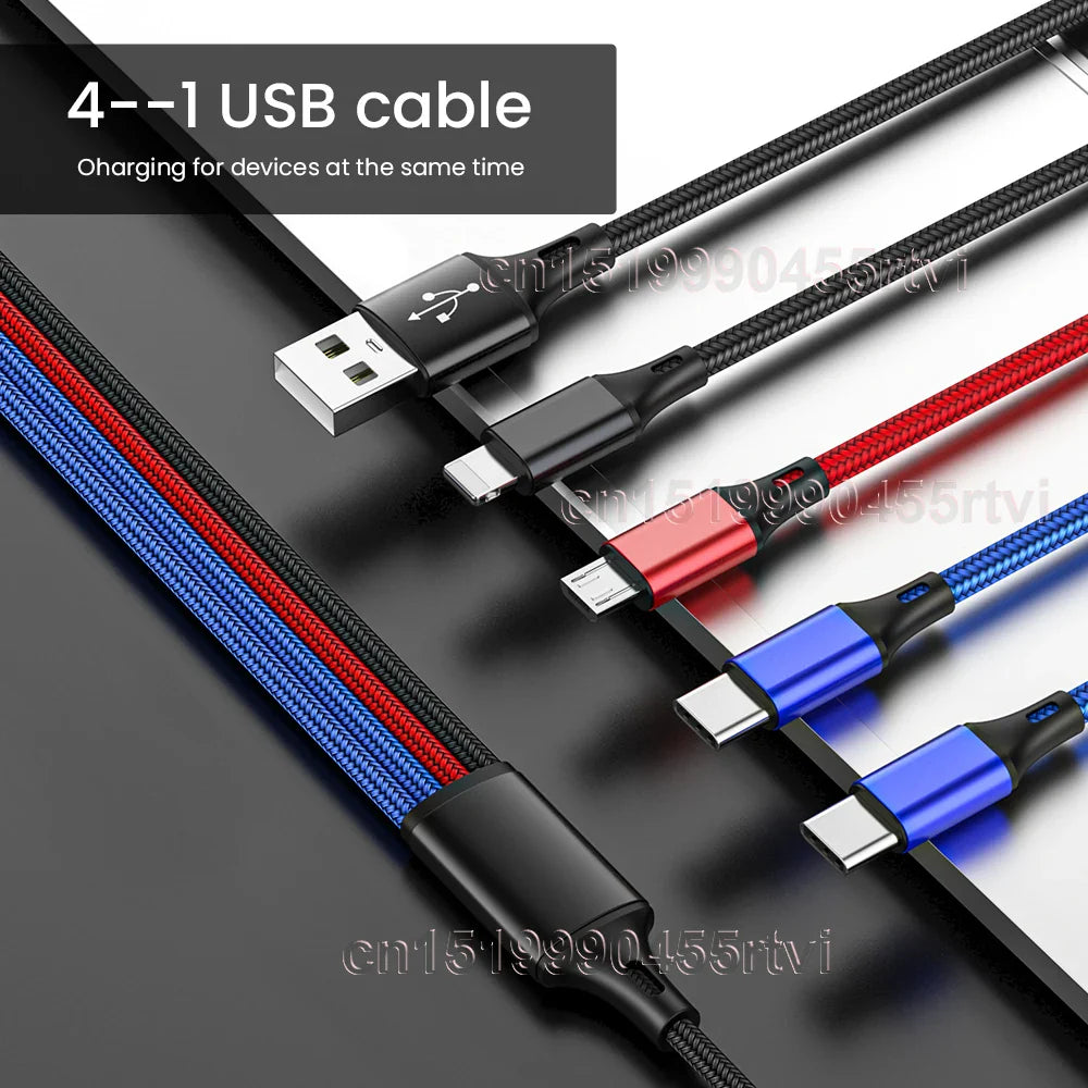 4-in-1 USB Cable for iPhone & Android | Micro USB/Type C/8 Pin Charger | 3A Fast Charging for Huawei, Samsung, Xiaomi