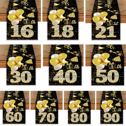 Black & Gold Birthday Table Runner – Polyester Diamond Number Crown Table Cloth for Party Centerpiece Decoration