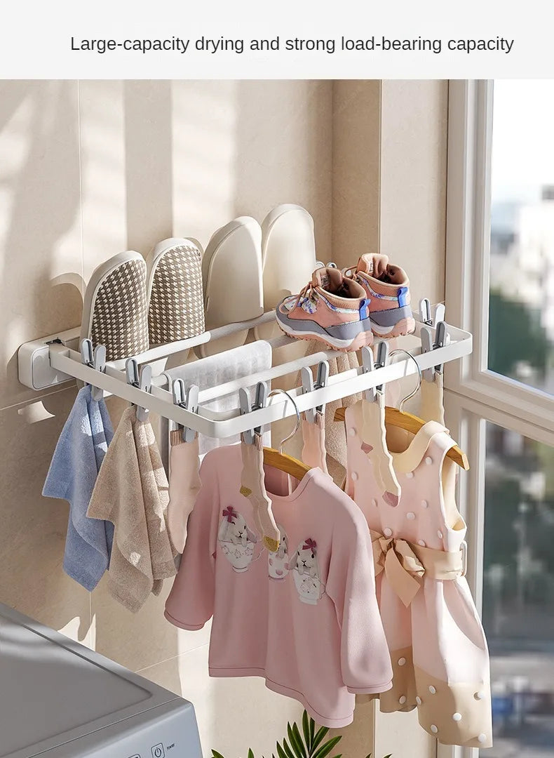 Wall-Mounted Folding Drying Rack with Windproof Sock Clips – Space-Saving Clothing Hanger for Household Laundry