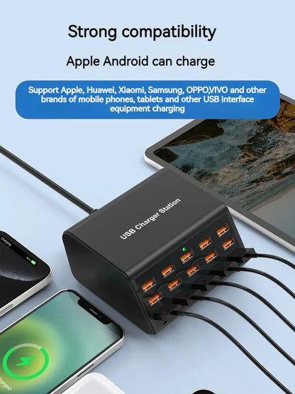 100W Desktop USB Charger — 15-Port Fast Charging Station for iPhone, iPad & Samsung Tablets