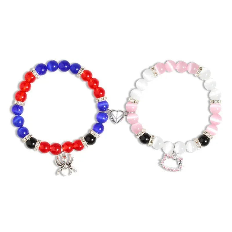 Spider Cat Charm Beaded Bracelet Set – Multi Color Cat Eye & Heart Bracelets for Best Friends with Red, Blue Beads & Fireball Spacer